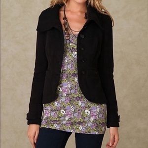 Free People Knitted Button Up Blazer Jacket Floral Detailing Black Sz 10